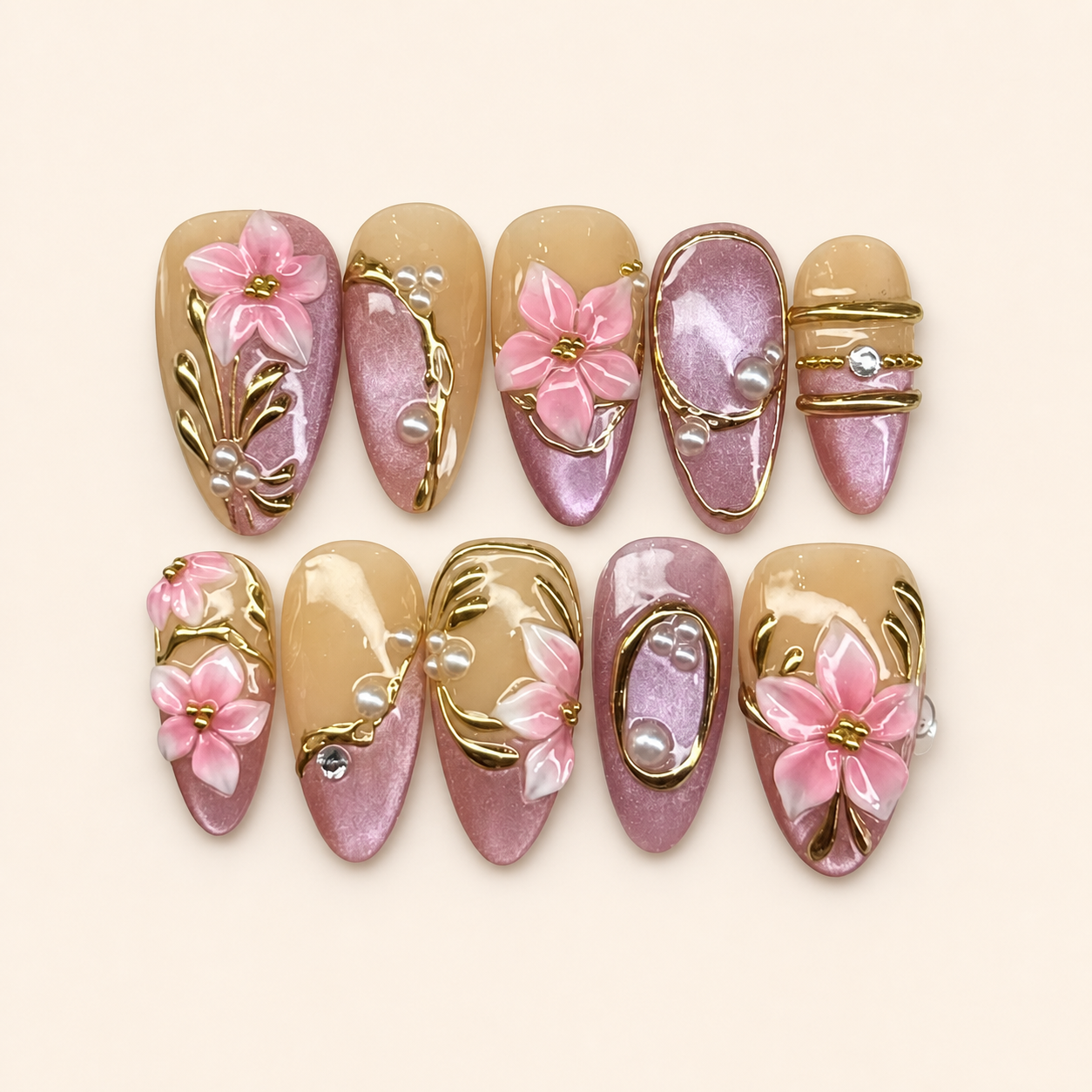 Pink Pearl Garden 3D Floral Press-On Nails