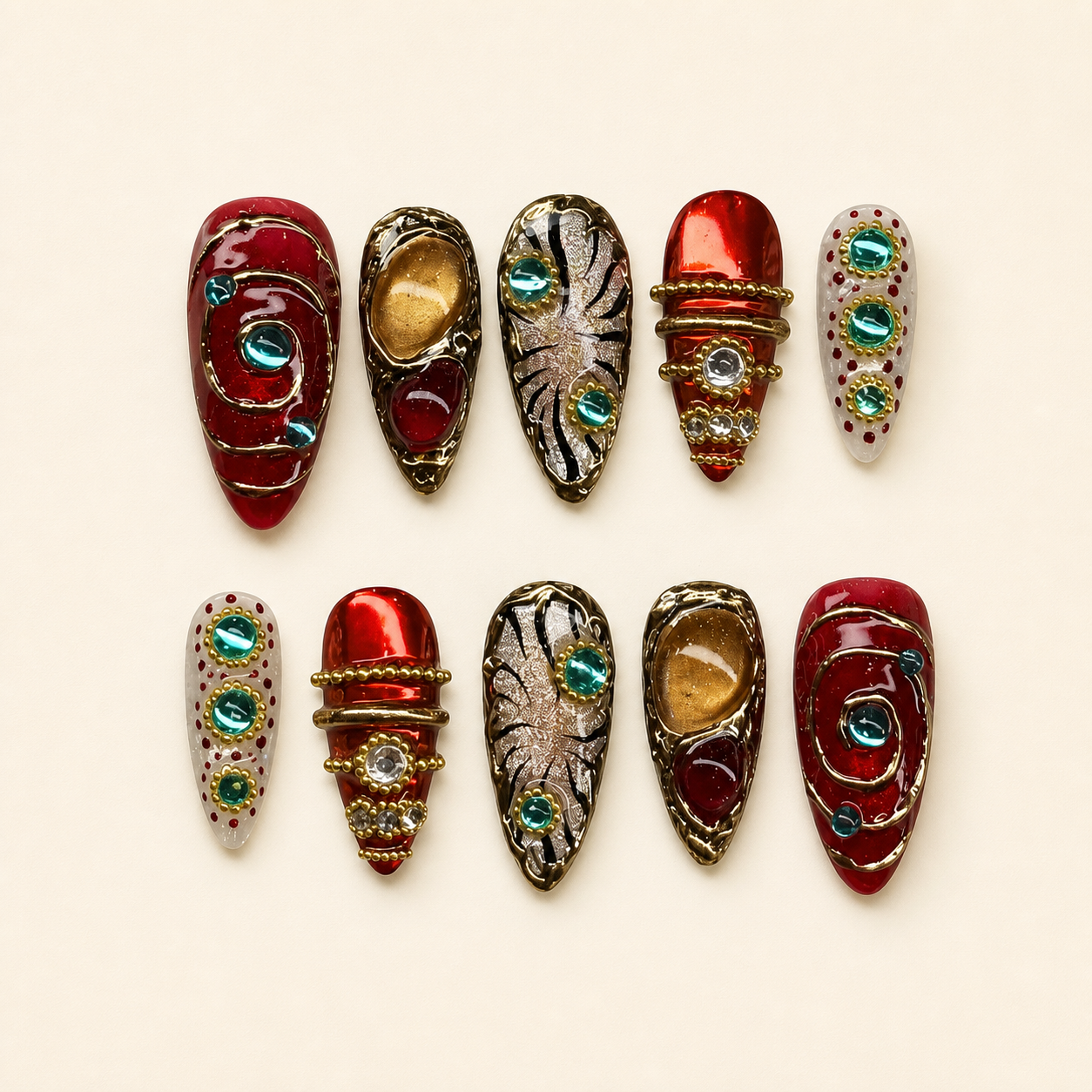 Burgundy Emerald Baroque Press-On Nails