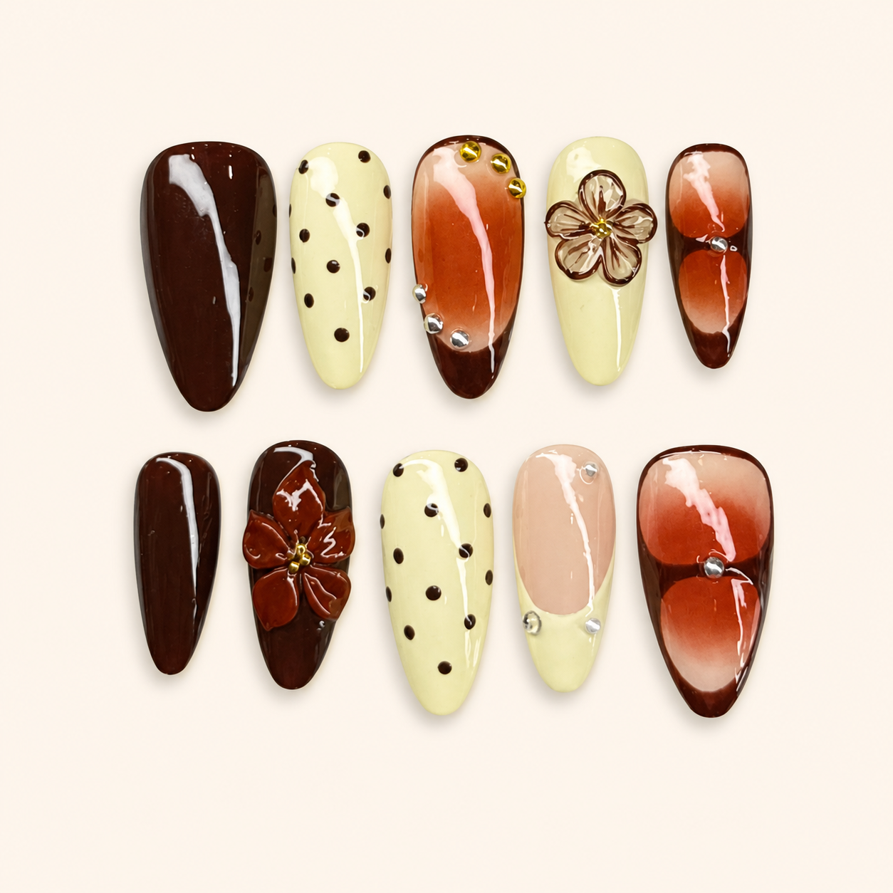 Chocolate Caramel Floral Press-On Nails
