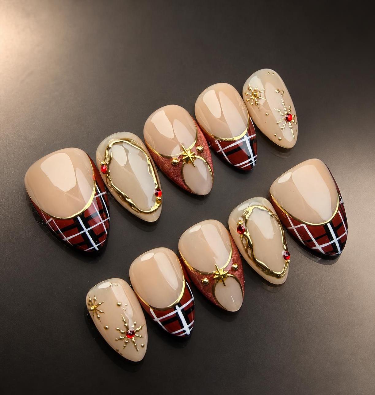 Nud-e Red Plaid Reindeer Christmas Press-On Nails