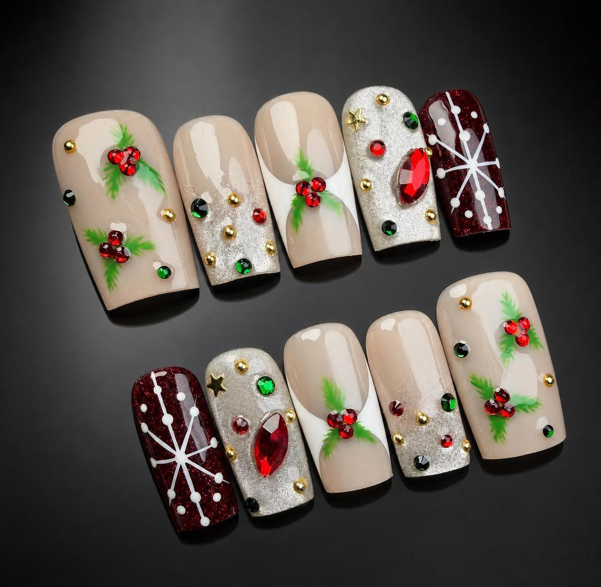 Burgundy Holly Berry Christmas Press-On Nails