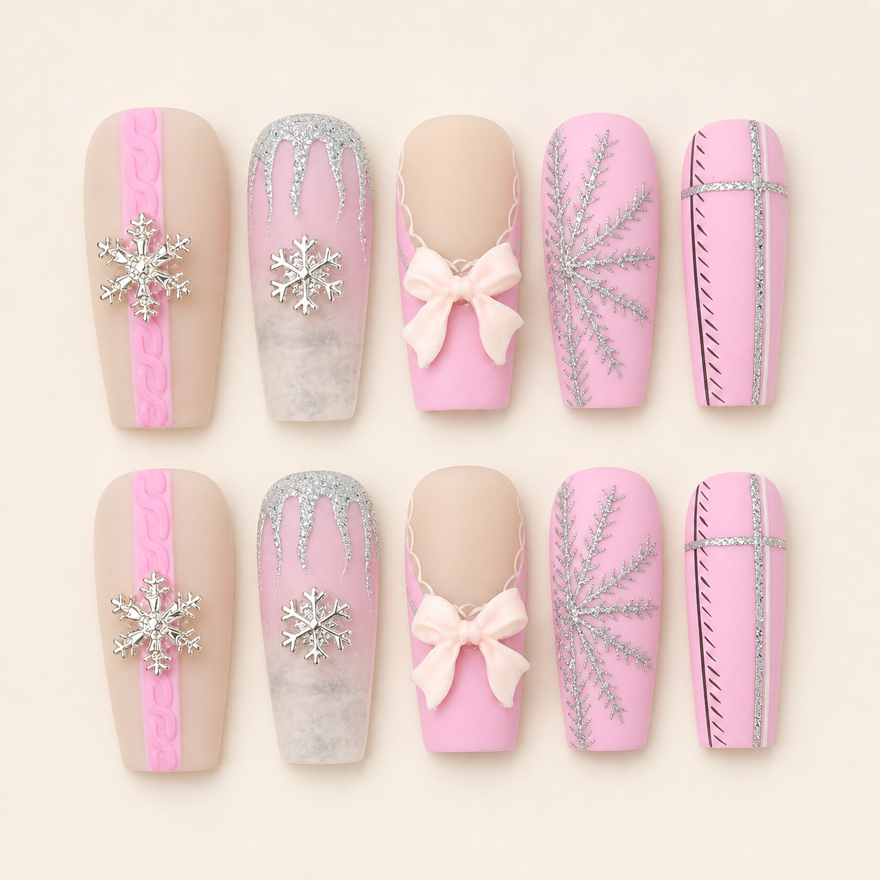 Pink Silver Christmas Bow Snowflake Press-On Nails