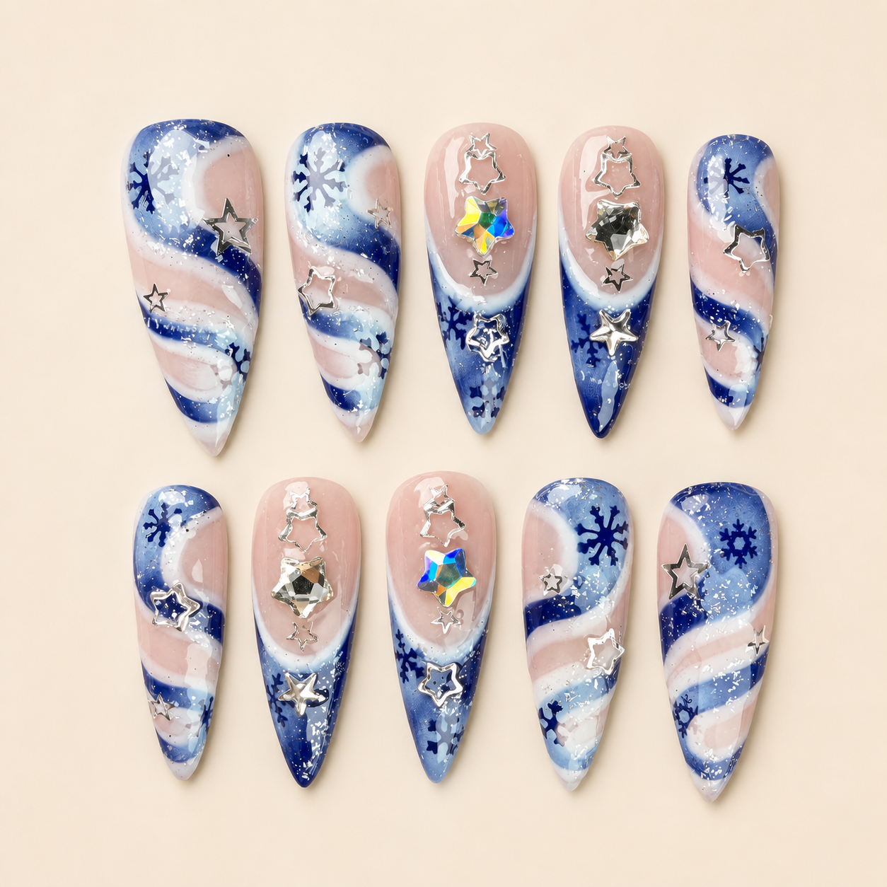 Blue Silver Christmas Snowflake Star Press-On Nails