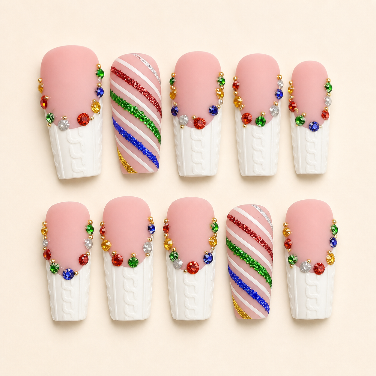 Pink White Christmas Candy Cane Press-On Nails