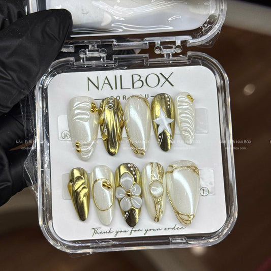 Golden Pearl Bloom Handmade Press-On Nails