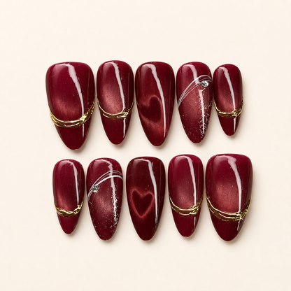 Burgundy Gold Ribbon Press-On Nails