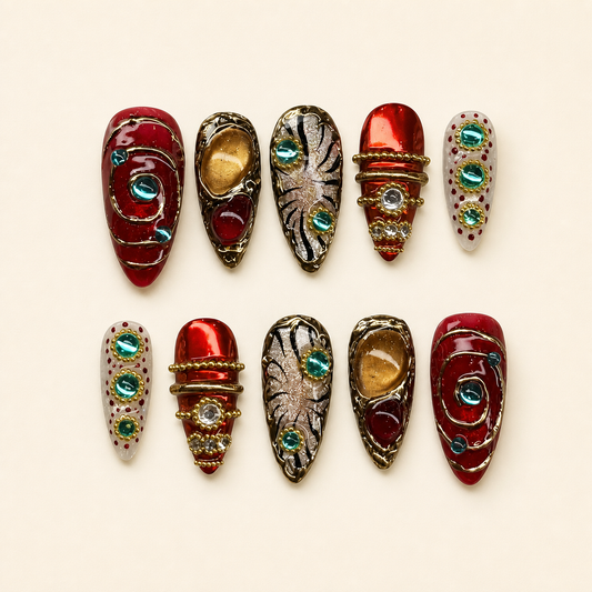 Burgundy Emerald Baroque Press-On Nails