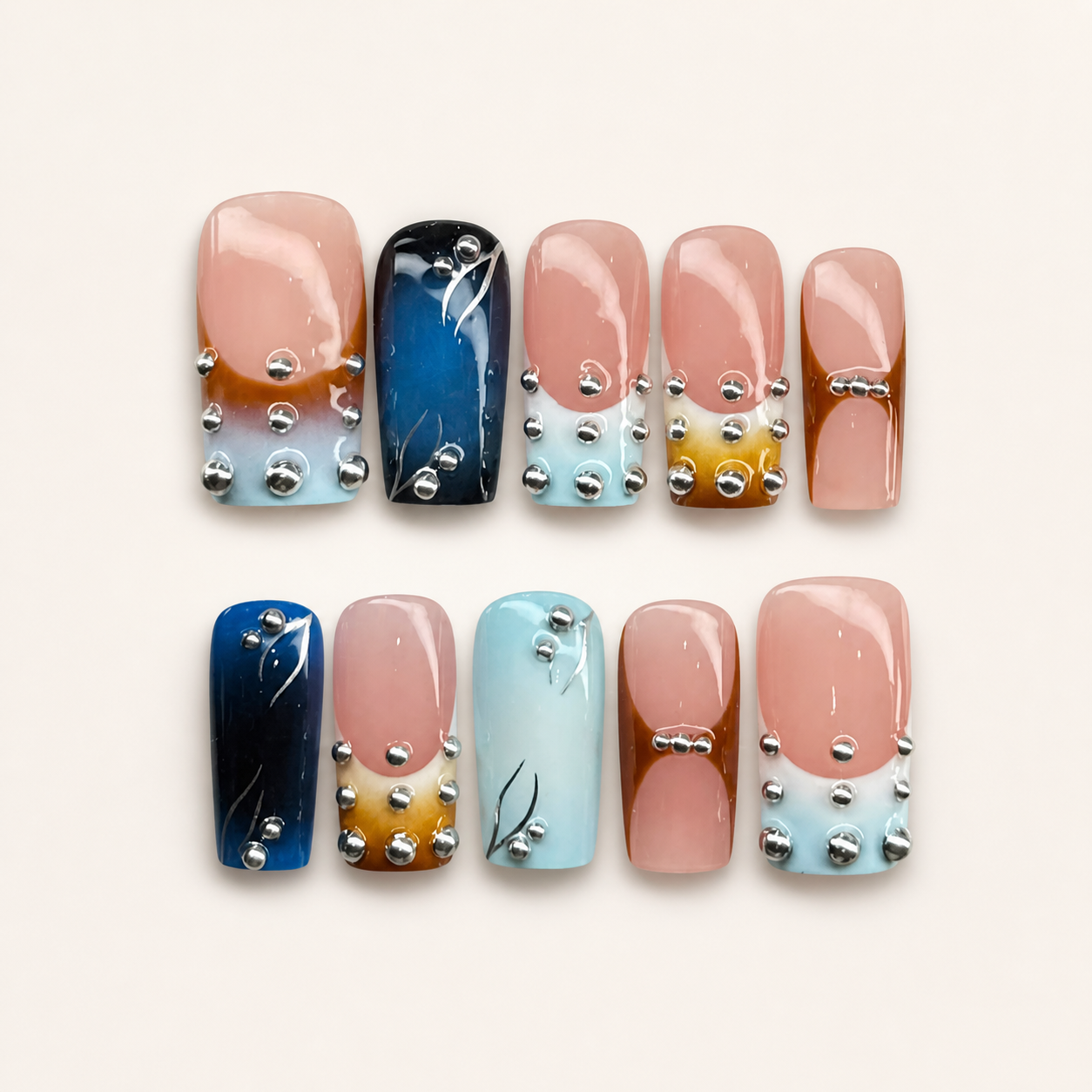 Blue Pink Silver Stud Press-On Nails