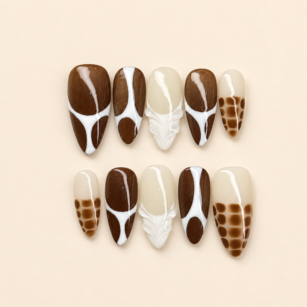 Mocha Cow Print Leaf Press-On Nails