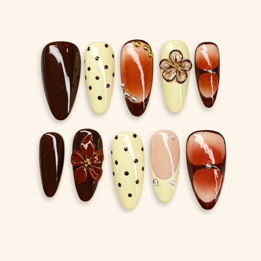 Chocolate Caramel Floral Press-On Nails