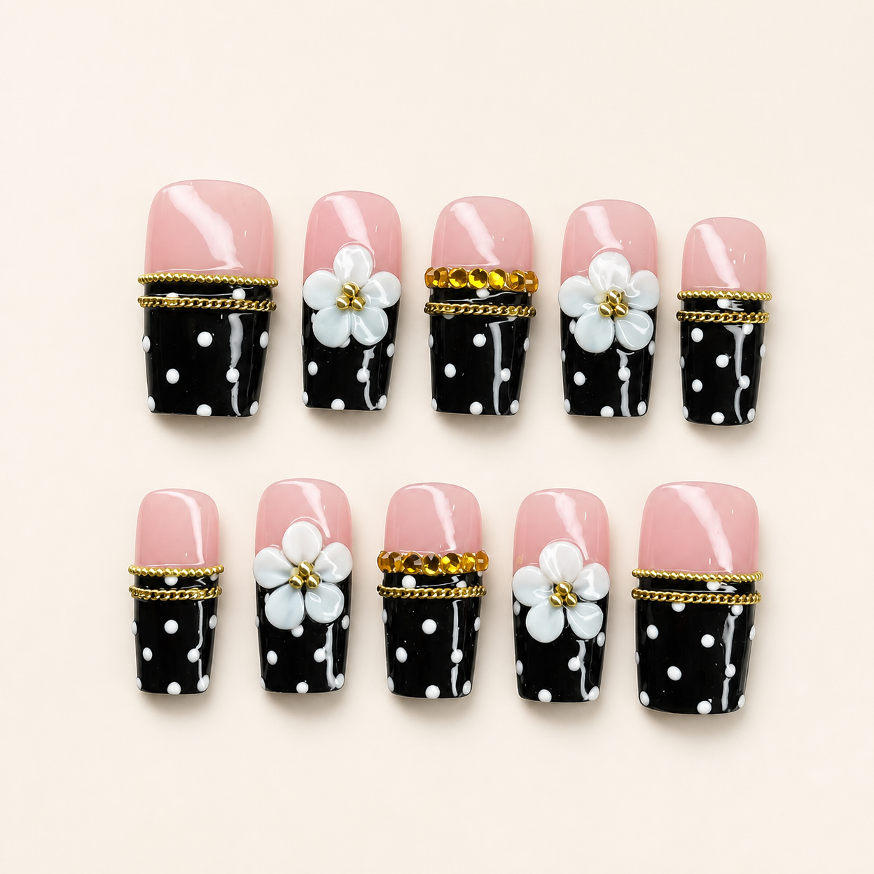 Pink Black Polka Dot Floral Press-On Nails
