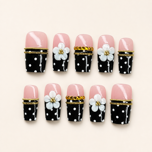 Pink Black Polka Dot Floral Press-On Nails
