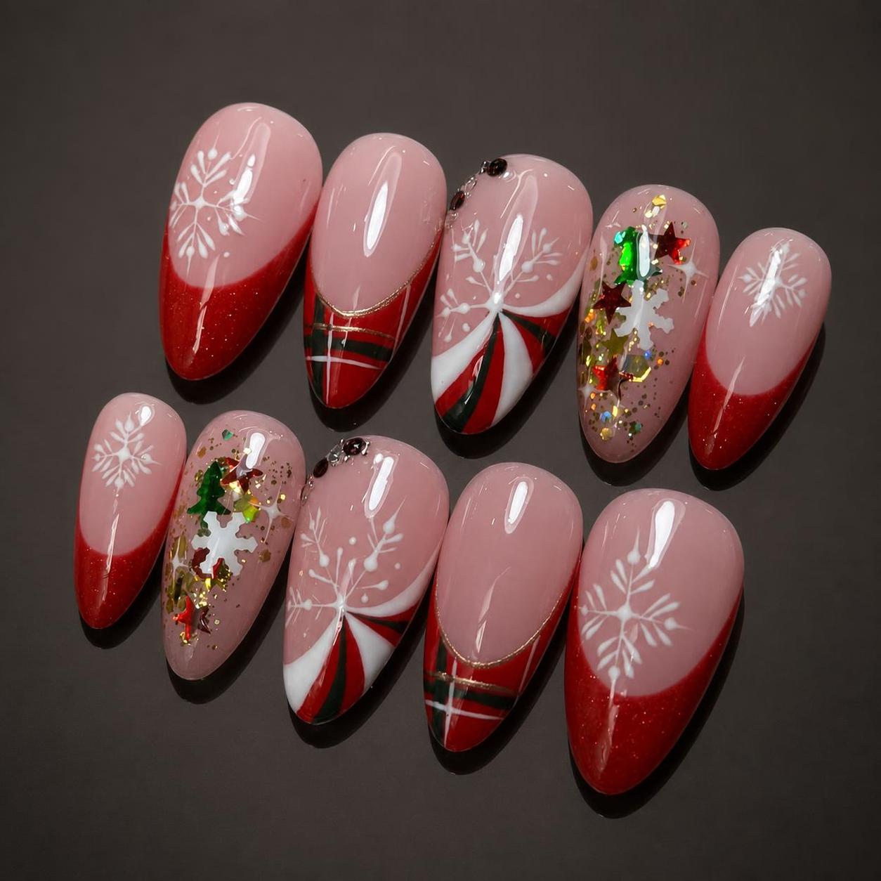 Pink Red Christmas Candy Cane Press-On Nails