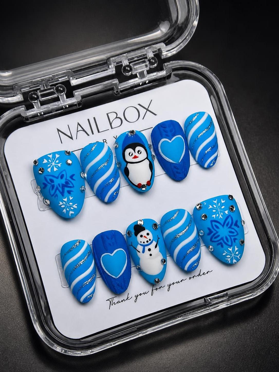 Blue Christmas Penguin Snowman Press-On Nails