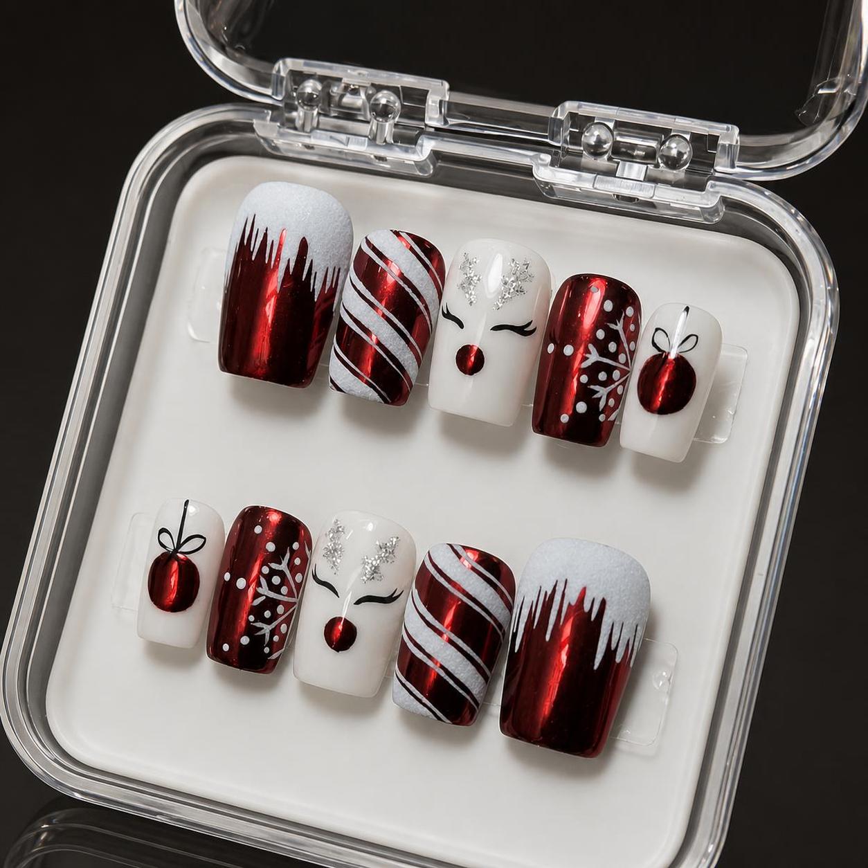 Red Christmas Reindeer Snowflake Press-On Nails