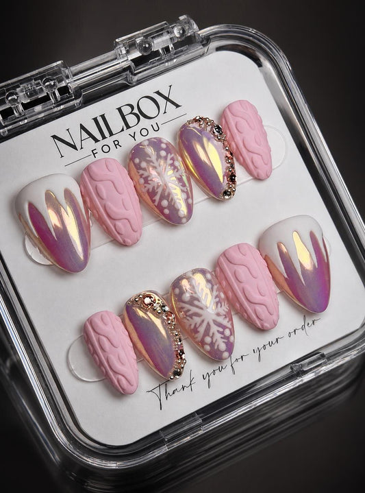 Pink Purple Christmas Snowflake Press-On Nails