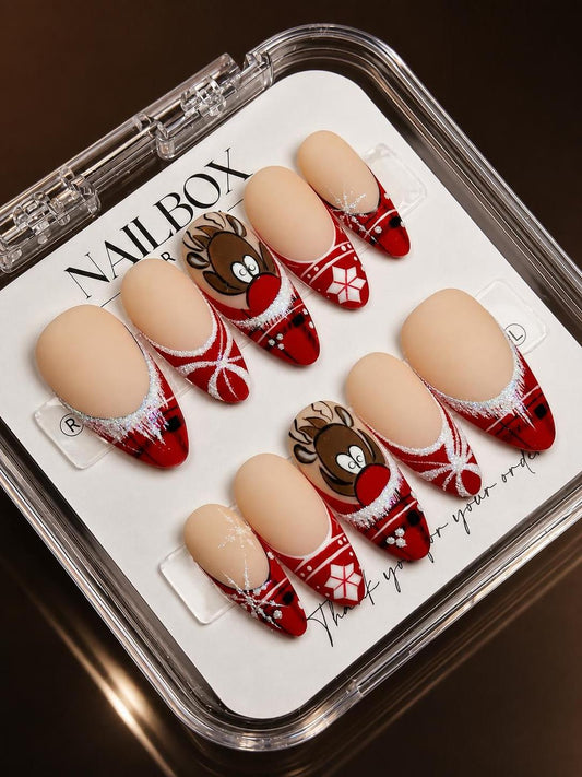 Red Reindeer Christmas Plaid Press-On Nails