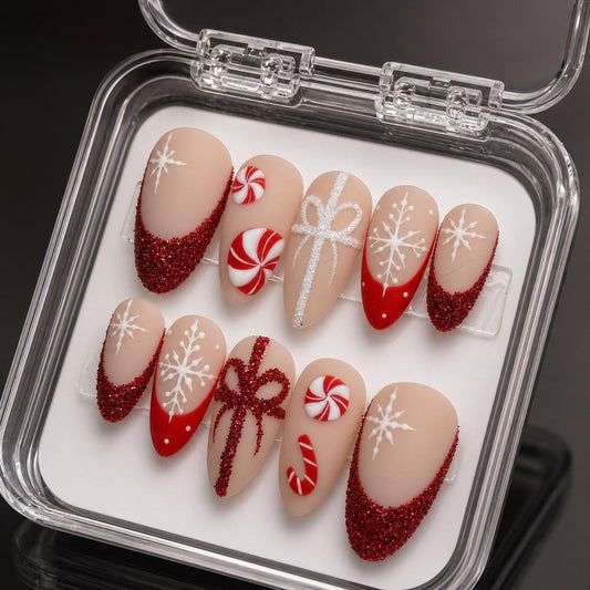 Red Glitter Candy Cane Christmas Press-On Nails