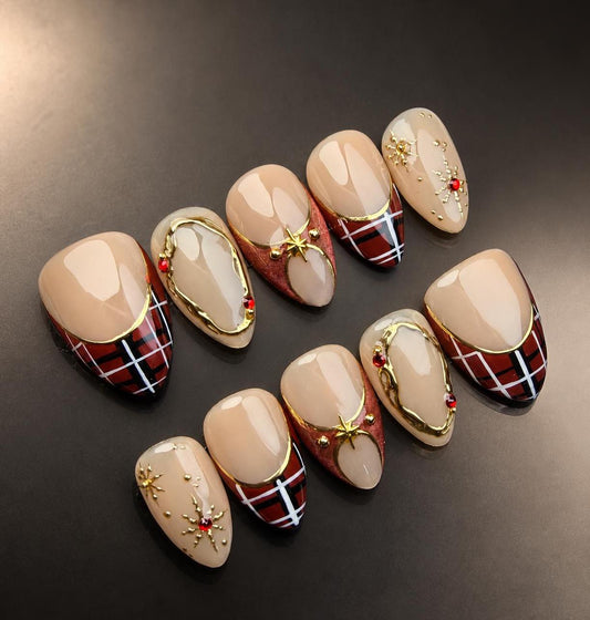 Nud-e Red Plaid Reindeer Christmas Press-On Nails