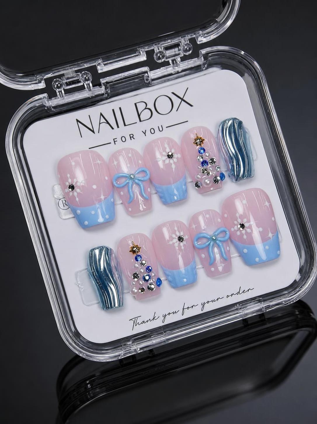 Pink Blue Christmas Bow Press-On Nails
