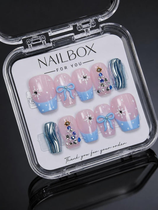 Pink Blue Christmas Bow Press-On Nails