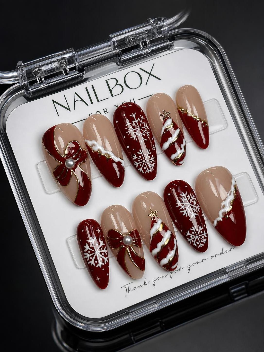 Burgundy Snowflake Christmas Bow Press-On Nails