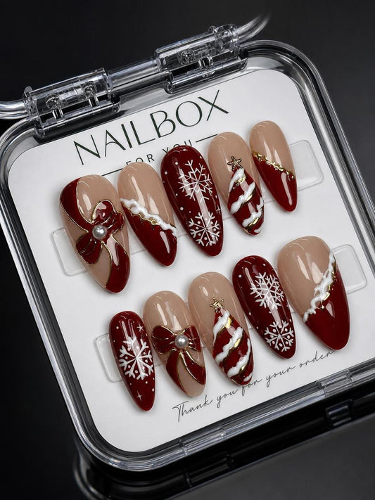 Burgundy Snowflake Christmas Bow Press-On Nails