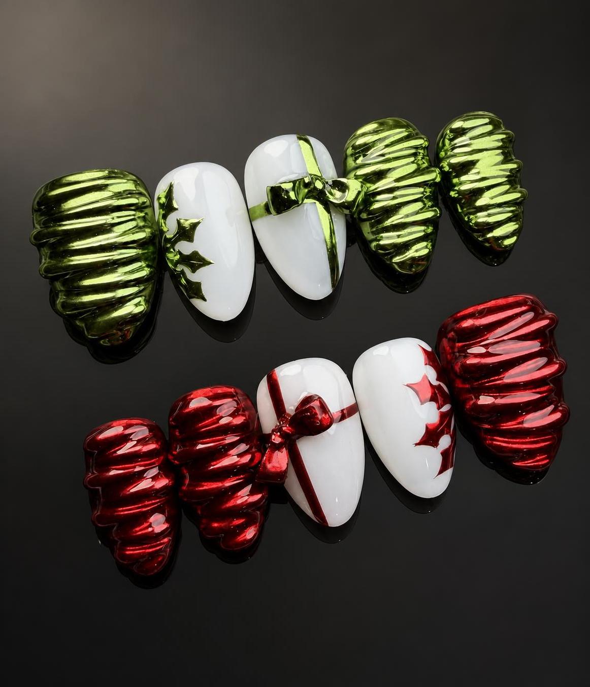Red Green Christmas Bow Press-On Nails