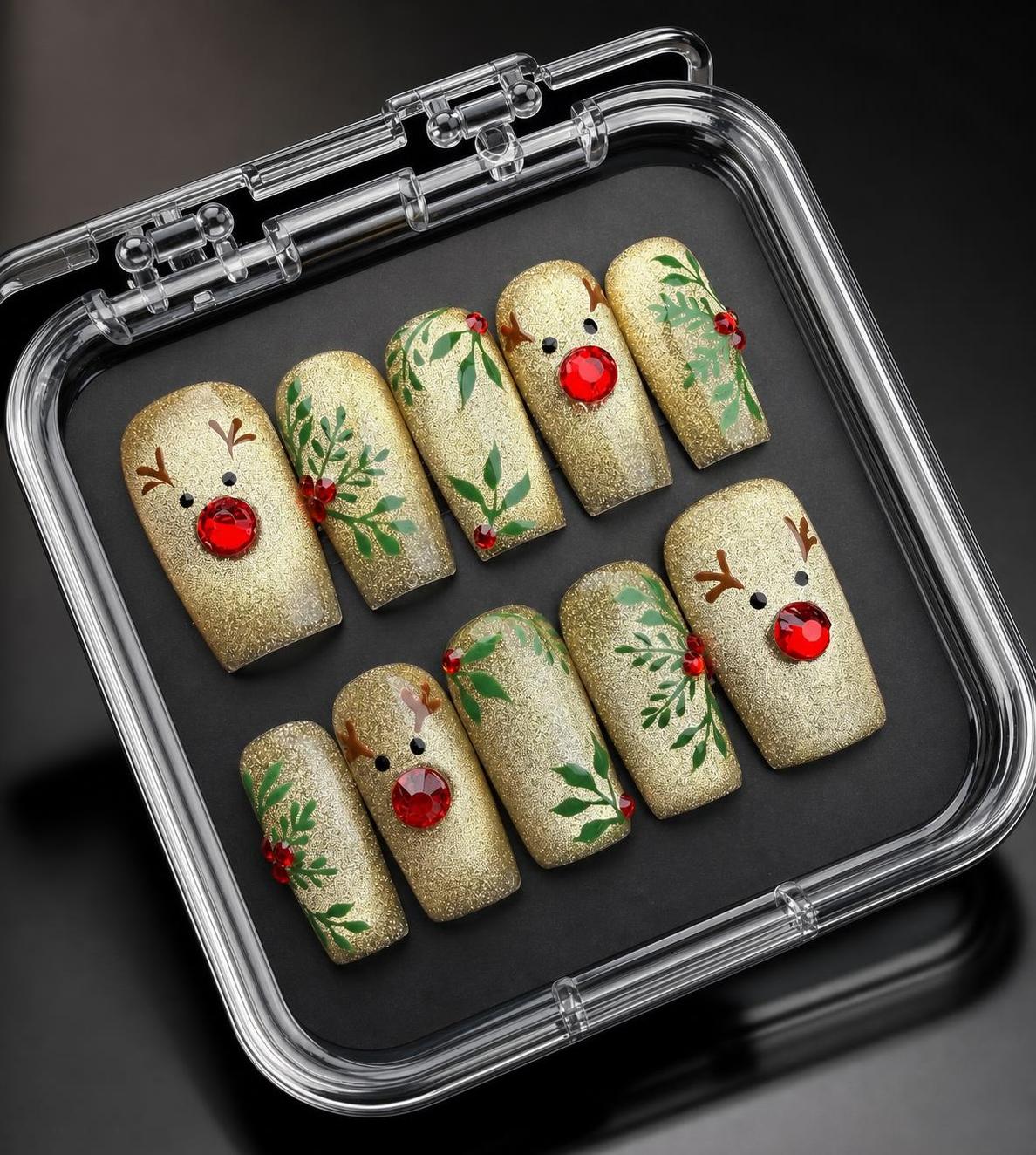 Gold Reindeer Christmas Press-On Nails