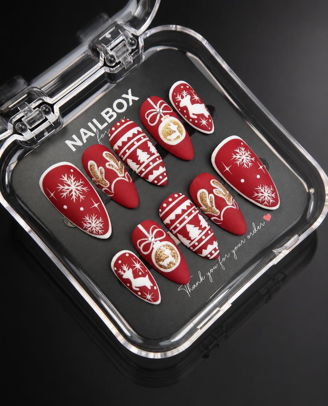 Red Reindeer Snowflake Christmas Press-On Nails