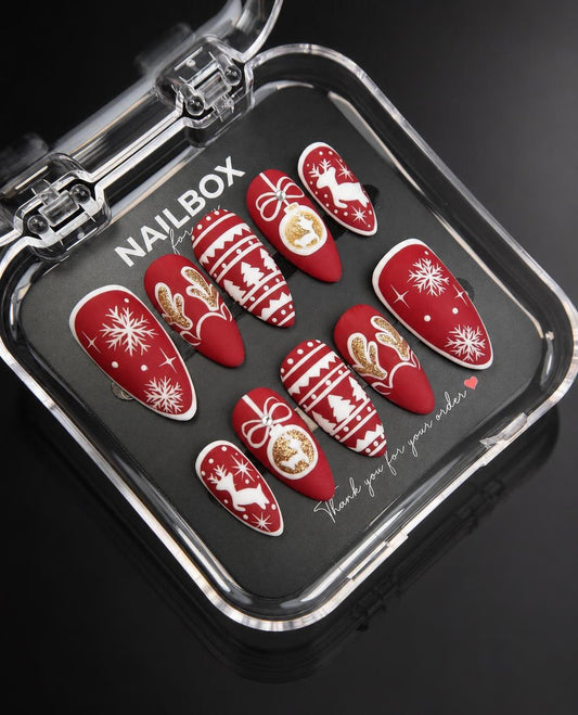 Red Reindeer Snowflake Christmas Press-On Nails