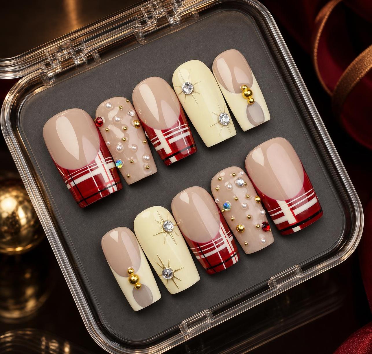 Nude Red Plaid Christmas Star Press-On Nails
