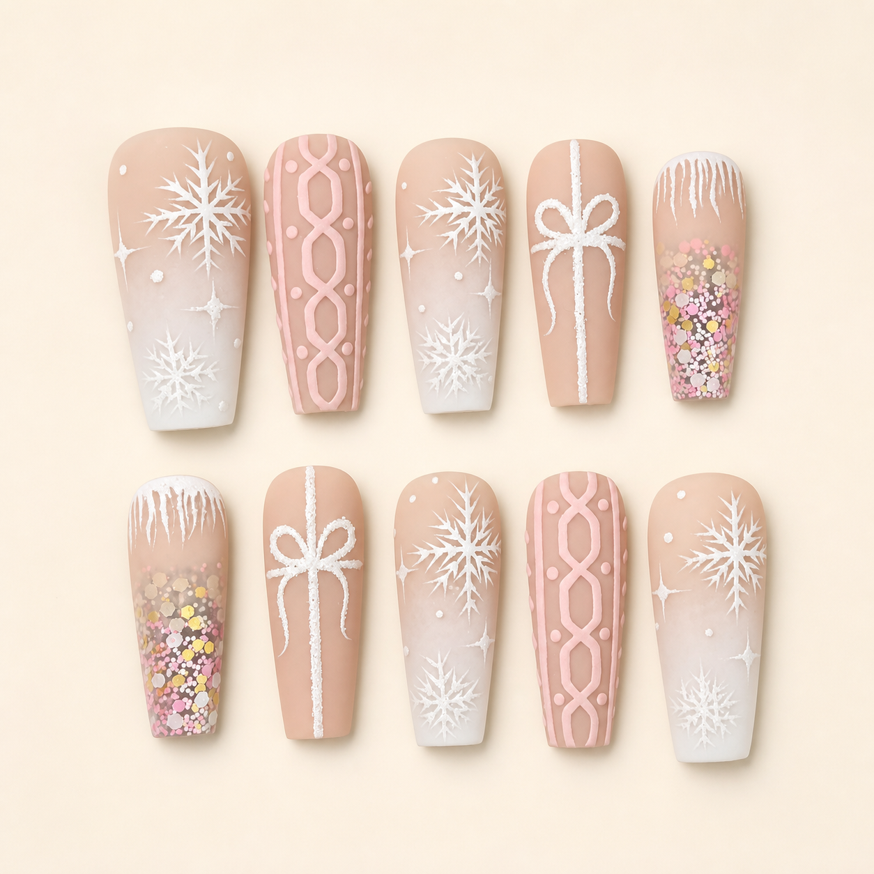 Pink White Christmas Snowflake Gift Press-On Nails
