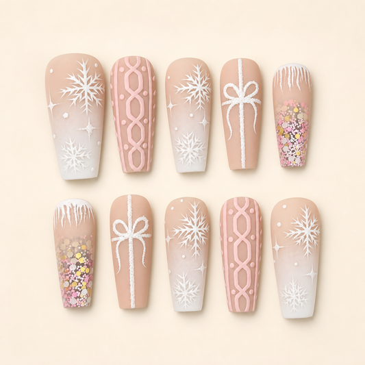 Pink White Christmas Snowflake Gift Press-On Nails