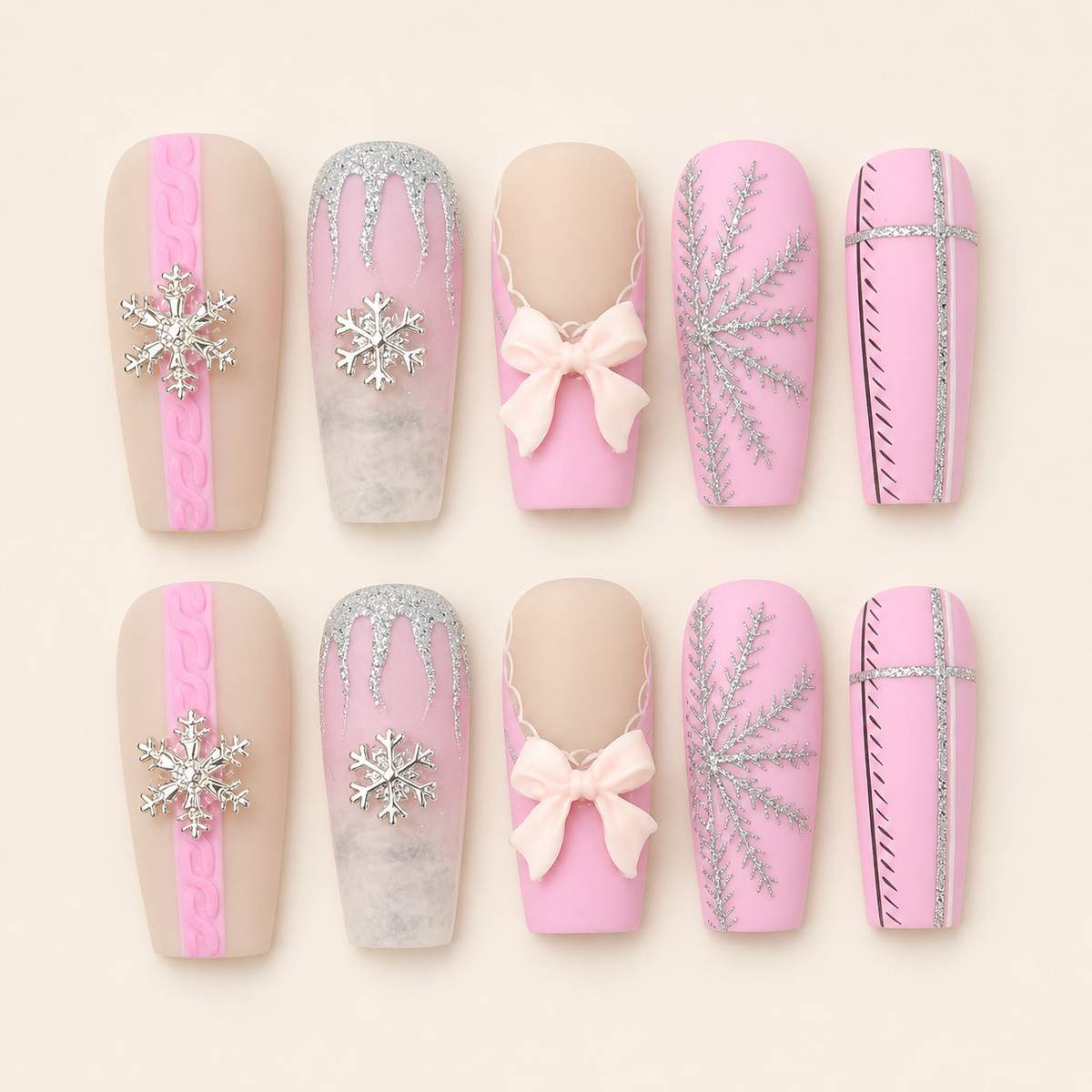 Pink Silver Christmas Bow Snowflake Press-On Nails