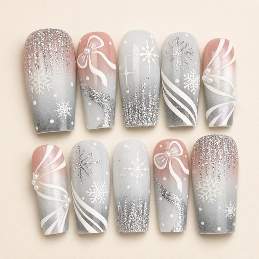 Pink Silver Christmas Bow Snowflake Press-On Nails